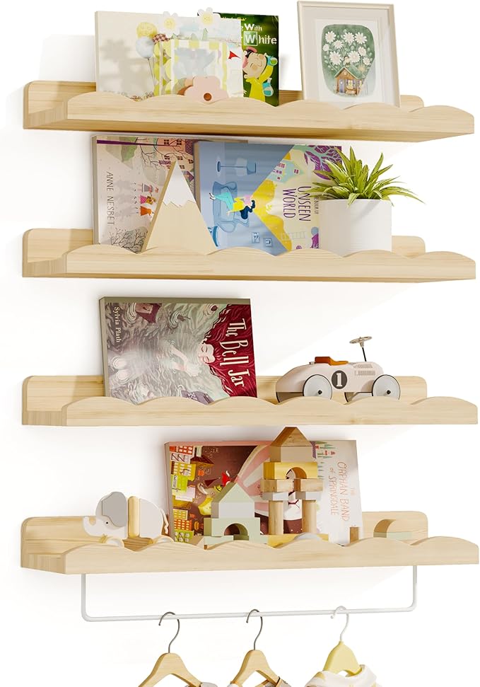 Fixwal Nursery Shelves, 16.5 Inch Floating Bookshelves for Wall Set of 4, Scalloped Wall Book Shelves with Towel Rack for Kids, Toddler Room, Baby Room, Nursery Decor and Storage(Natural Wood)