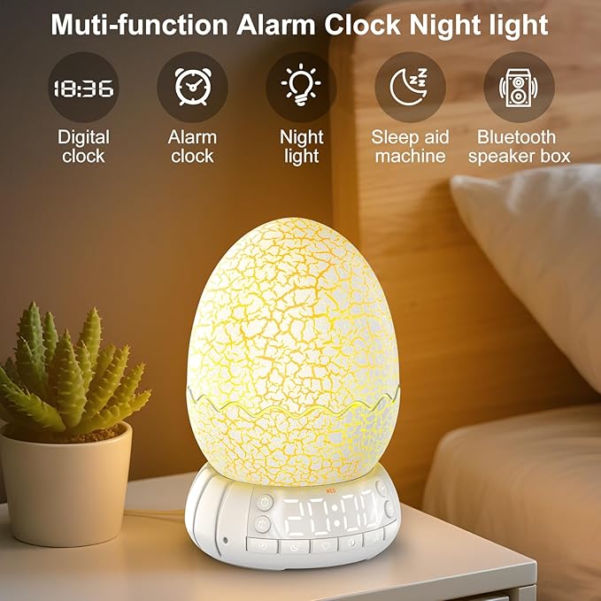 Dinosaur Egg Shape Touch Control Night Light with Pattern Inside, Digital Alarm Clock with Wake Up Light, 20 Soothing Sleep Training Sound and Bluetooth Speaker Box (2025 Style)