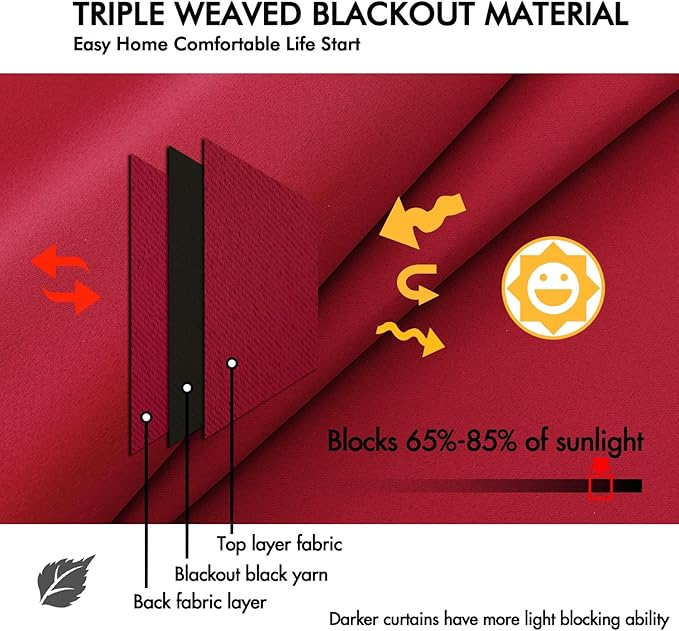 ANRODUO Back Tab Blackout Curtains for Bedroom Living Room, Rod Pocket Pinch Pleated Thermal Insulated Room Darkening Curtains 72 Inches Long 2 Panels, Red, 42 x 72 Inch