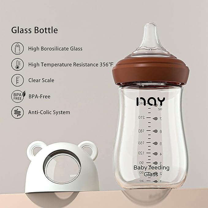 Natural Glass Baby Bottle for Breastfeeding Babies, 8oz Anti-Colic Baby Bottle with Natural Response Nipple(M), Clear, Wide Neck, 4 Pack, 3 Months+