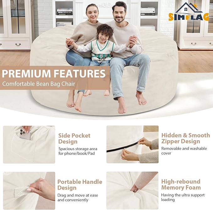 6FT Bean Bag Chair, Large Bean Bag Chairs with Memory Foam Filled, Fluffy Beanbag Sofa with Dutch Velvet Cover, Round BeanBag Chairs for Living Room, Playroom- Beige
