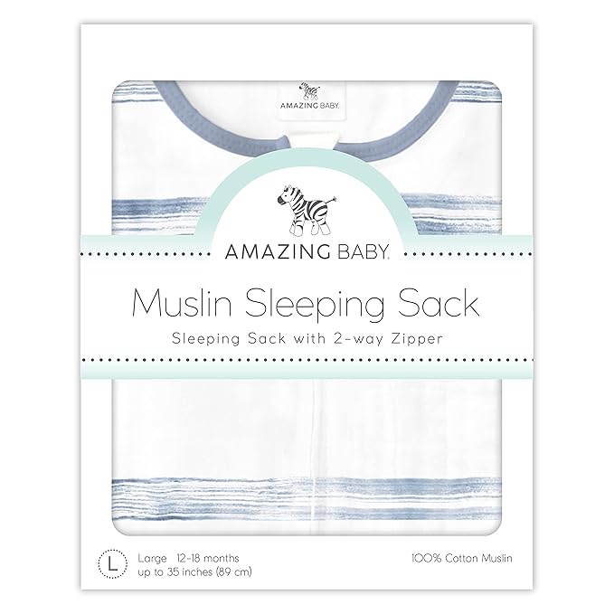 Amazing Baby Cotton Muslin Sleeping Sack, for Baby Boy or Girl, Wearable Blanket with 2-Way Zipper, Watercolor Stripes, Denim, Medium (6-12 Month)