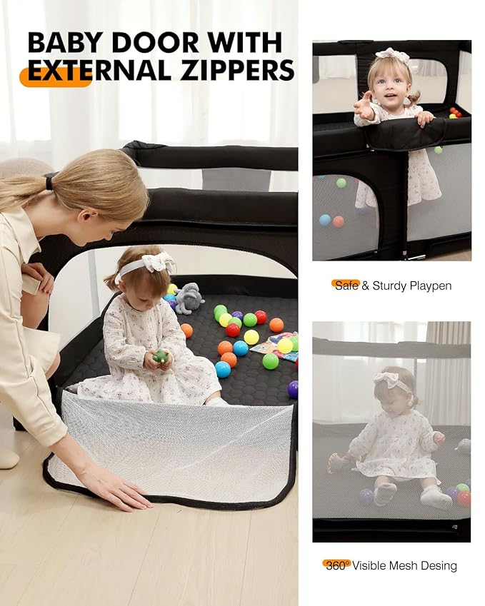Foldable Baby Playpen with Non-Removable Thick Mat, Extra Large Collapsible Play Yard for Babies & Toddlers, Portable Travel Playpen with Gate, Safe Activity Center (59"×71" Black)