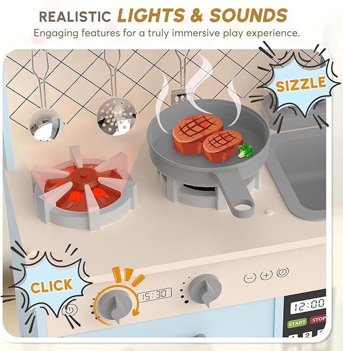 BIERUM Play Kitchen with Realistic Lights & Sounds, Wooden Kitchen Playset Chef Pretend Play Set for Toddlers, Toy Kitchen with 26 Pcs Toy Food & Cookware Accessories, Gift for Ages 3+