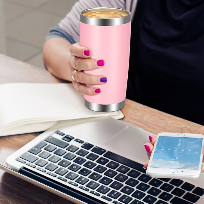 VEGOND 20oz Tumbler with Lid and Straw Stainless Steel Tumbler Cup Bulk Vacuum Insulated Double Wall Travel Coffee Mug Powder Coated Coffee Cup(Pink 6 Pack