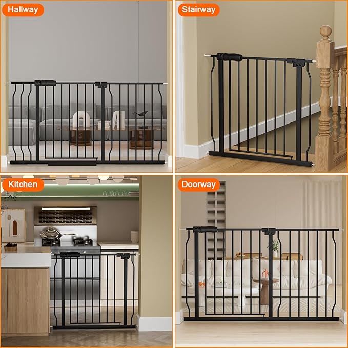Extra Wide Baby Gate Extra Wide Extra Tall Dog Gates for Stairs Doorways Black Metal Tension Indoor Safety Gates with Pressure Mount 53-57.5 Inch