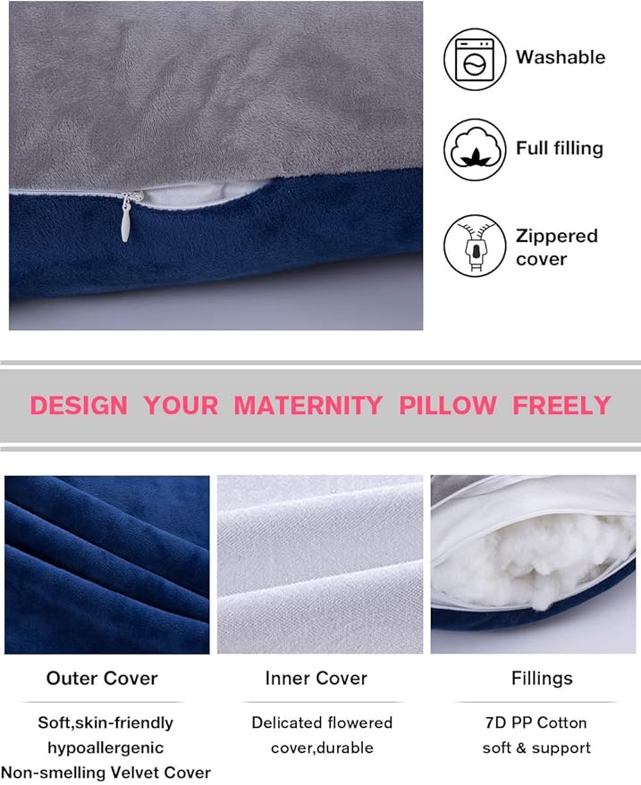 60in Full Body Pillow | Nursing, Maternity and Pregnancy Body Pillow | Awesling Extra Large U Shape Pillow and Lounger with Detachable Side, Separate Support Pillow and Removable Cover (Grey Blue)