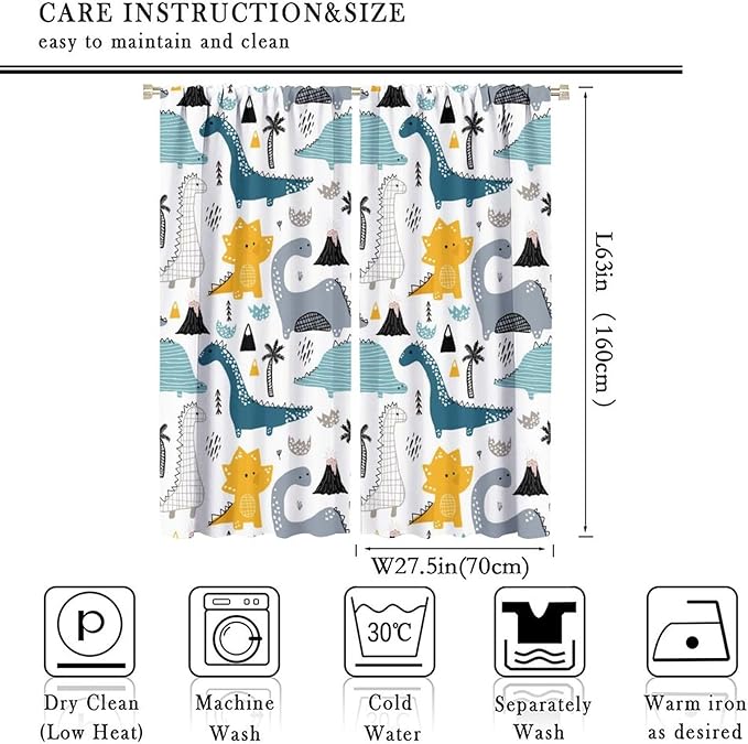 Kids Dinosaur Curtains for Boy Girl Bedroom Decor Cartoon Dino Colorful Cute Funny Wildlife Animal Printed Blackout Rod Pocket Window Drapes for Baby Nursery Playroom Living Room W27.5xL63in 2 Panels