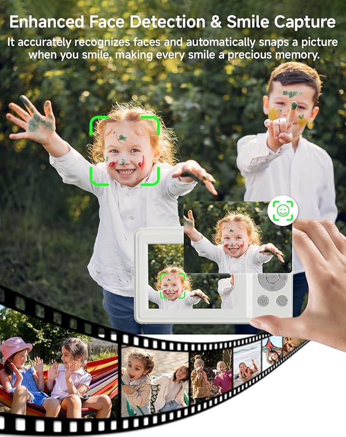 Digital Camera for Kids, FHD 1080P 44MP Point and Shoot Digital Camera with Face Detect, Smile Capture, 18X Zoom, 20 Filters, Anti Shake, 32GB SD Card White Compact Vintage Camera for Kids Boys Girls