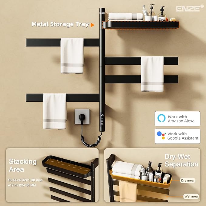 ENZE Smart Rotating Heated Towel Rack for Bathroom, Wall-Mounted Electric Towel Dryer with Swivel Bars & Shelf, Smart Timer, Low Carbon Steel, Plug-in/Hardwired, Towel Warmer with Wi-Fi App Control