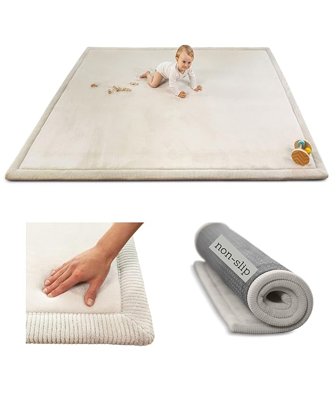 Premium Baby Play Mat 60”x80” Light Gray – Cloud-Soft Coral Velvet Memory Foam Rug for Crawling & Play – Non-Slip, Water-Repellent, Easy-Care Tummy Time Mat – Non-Toxic Padded Playmat
