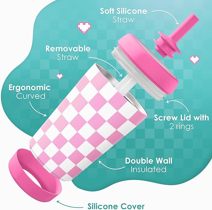 Kid Insulated Stainless Steel Tumbler with Silicone Straw, 12oz Sippy Cup for Kids (Pink Checkerboard)
