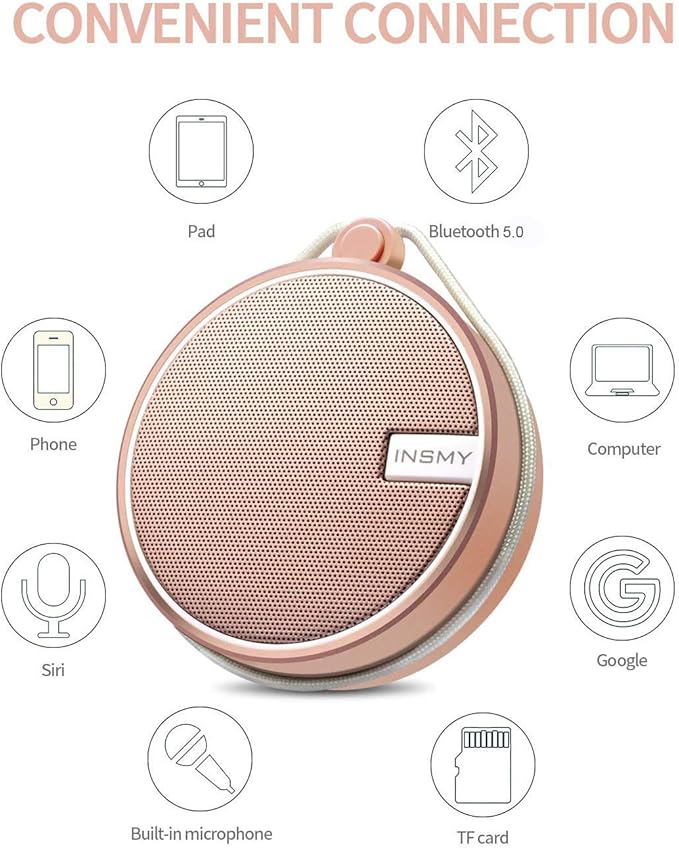 INSMY C12 IPX7 Waterproof Shower Bluetooth Speaker, Portable Small Speaker, Speakers Bluetooth Wireless Loud Clear Sound Support TF Card Suction Cup for Outdoor Kayak Canoe Beach Gift (Cashmere Pink)