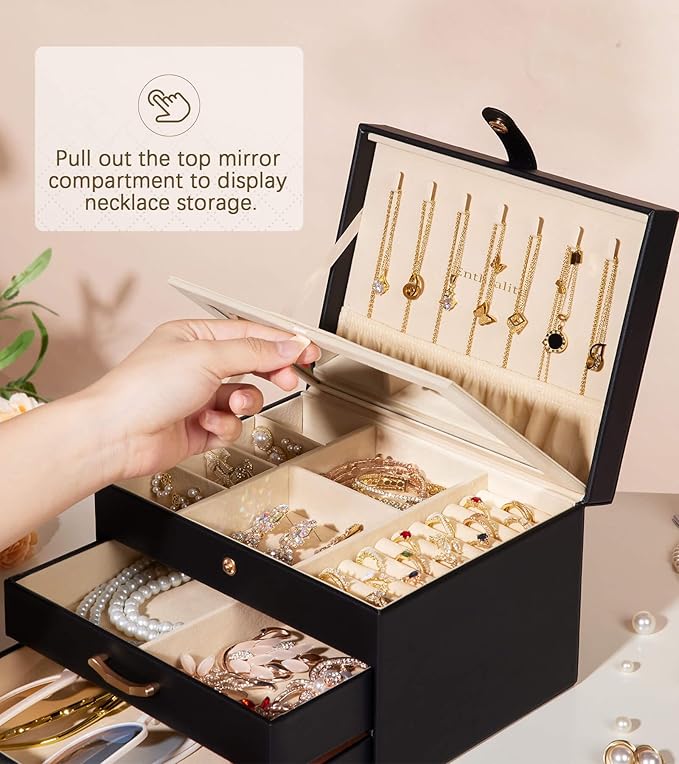 Black Jewelry Box Organizer: Home Decor for Women - 2-Drawer Holder for Valentine’s Day Birthday Christmas Black Gold