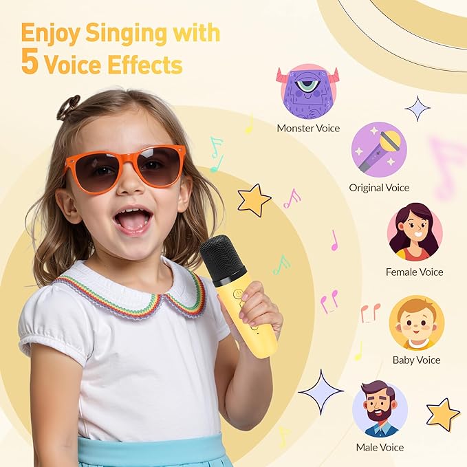 Mini Karaoke Machine for Kids Adults：Portable Bluetooth Karaoke Speaker with 2 Wireless Microphones and Lights for Home Party, Christmas Birthday Gifts for 4-12+ Years Old Girls Boys(Yellow)