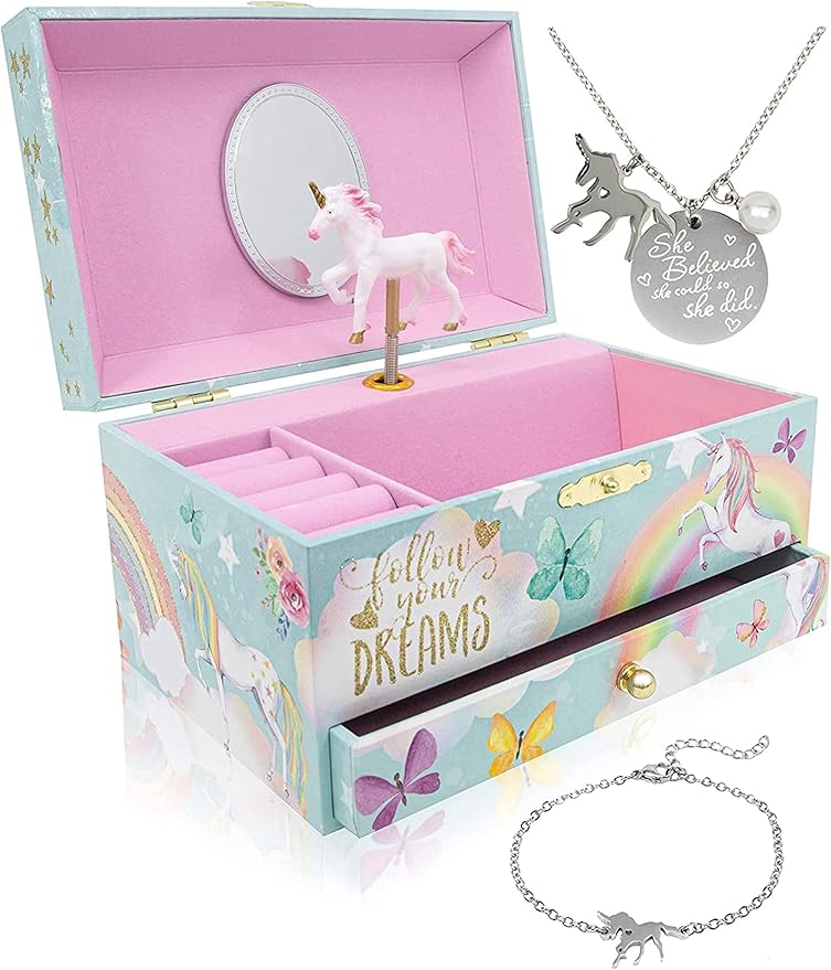 The Memory Building Company Unicorn Musical Jewelry Box, Classic Melody Storage Organizer Kids Ages 6-12, Wood Construction w/ 2 Compartments