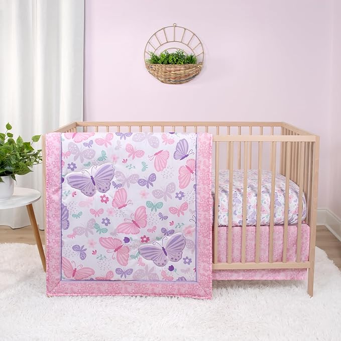 The Peanutshell 3 Piece Baby Crib Bedding Set for Girls - Newborn, Infant & Toddler Nursery Bed Set Decor with Fitted Crib Sheet, Dust Ruffle Comforter - Butterfly Song