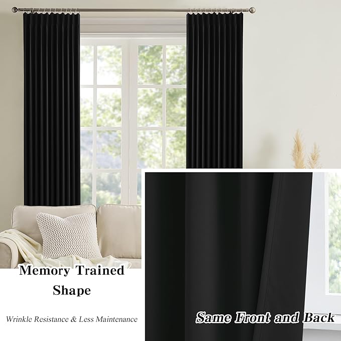 KEQIAOSUOCAI 80 Inch Wide Black Pinch Pleated Curtains 80 x 96, Thermal Insulated Noise Cancelling Living Room Office Drapes 96 Inches Long, Patio Sliding Glass Door Window Curtain 2 Panels