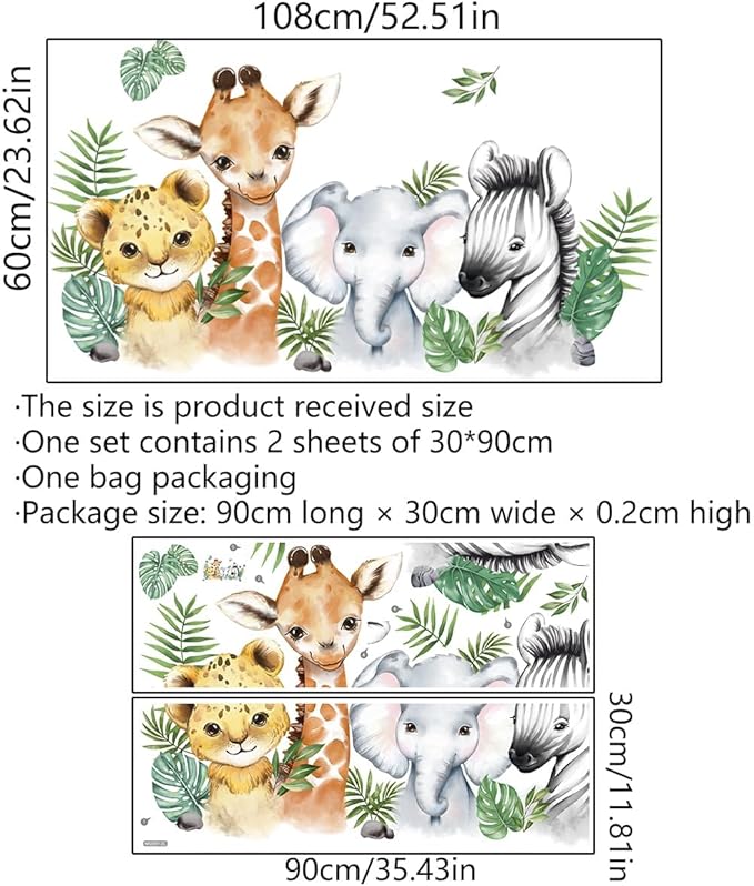 52.51x23.62 Inch Watercolor Jungle Animal Wall Decals Safari Forest Animal Wall Sticker Elephant Lion Monkey Decals for Baby Nursery Playroom Bedroom Classroom Kindergarten Decor