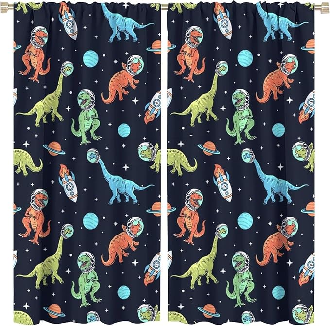 Cartoon Dinosaur Curtains for Kids Boys Girls Home Decor, Astronaut Rocket Funny Outer Space Blackout Rod Pocket Window Drapes for Bedroom Living Room W21xL45in 2 Panels