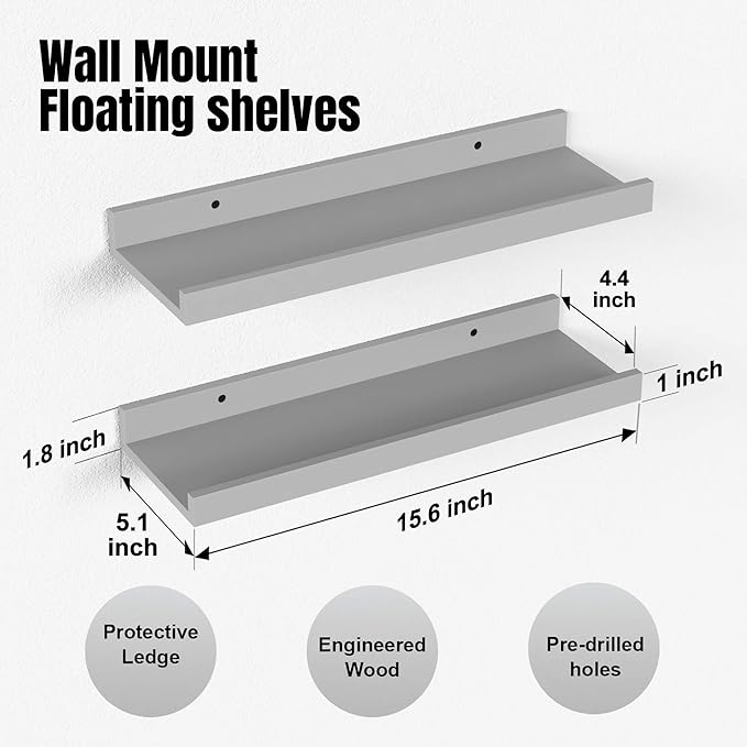 Floating Shelves for Wall, Wall Shelves Set of 2, Bedroom Shelves with Lip, Display Picture Ledge Shelf for Wall Decor Bedroom Living Room Bathroom Kitchen - Grey
