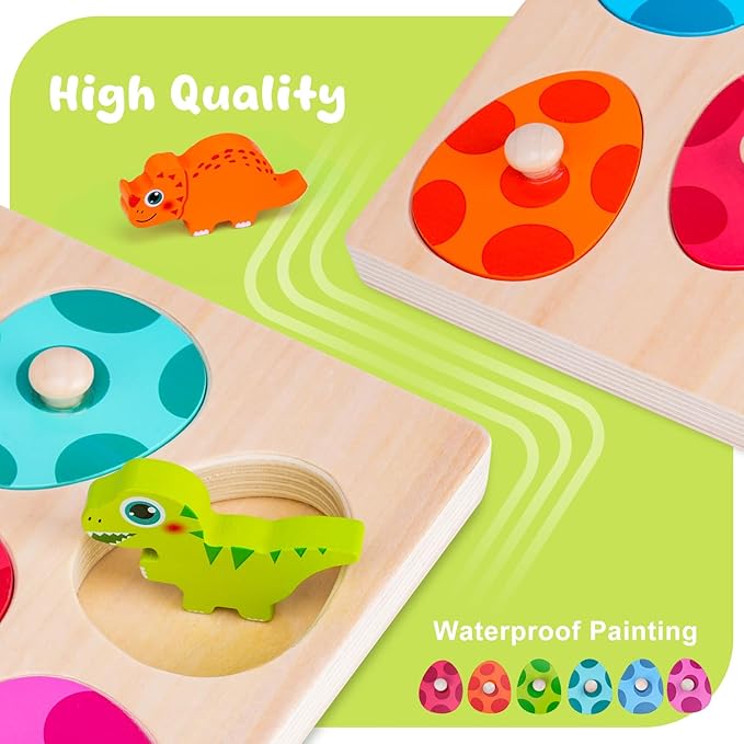 Dinosaur Wooden Toddler Puzzle 1-3, Montessori Toys for 1 2 3 Year Old, Dinosaur Eggs Peg Puzzles, Kid Wooden Puzzles Ages 2-4, Dinosaur Toy for Toddler Kid, Preschool Education Learning Toys