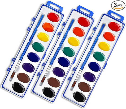 FUMILE Watercolor Paint Set Bulk,3 Pack,8 Colors Watercolors Paint with Paintbrush.Washable Watercolor Paint Set Kids for Parties,Birthday Party Favor,valentines for kids classroom.