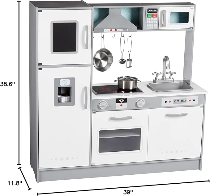 Amazon Basics Kids Kitchen Set, Play Kitchen Toy Playset for Toddlers, Preschoolers, 39"L x 11.8"W x 39"H, White & Gray