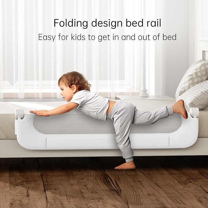 Folding Bed Rail for Toddlers,Baby Bed Rail Guard with Reinforced Anchor Safety System,Fit Bunk,Full Size,Queen,King,Twin(White,43"x23.6")