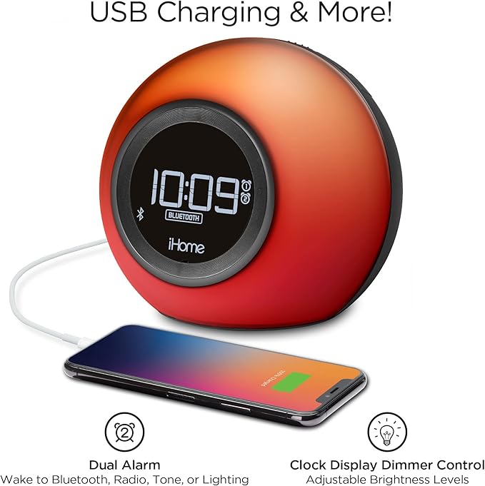 iHome Alarm Clock Radio with Bluetooth Speaker and Color Changing Lamp, USB Charging, and Speakerphone for Home, Office, or Dorm (IBT29BX6)