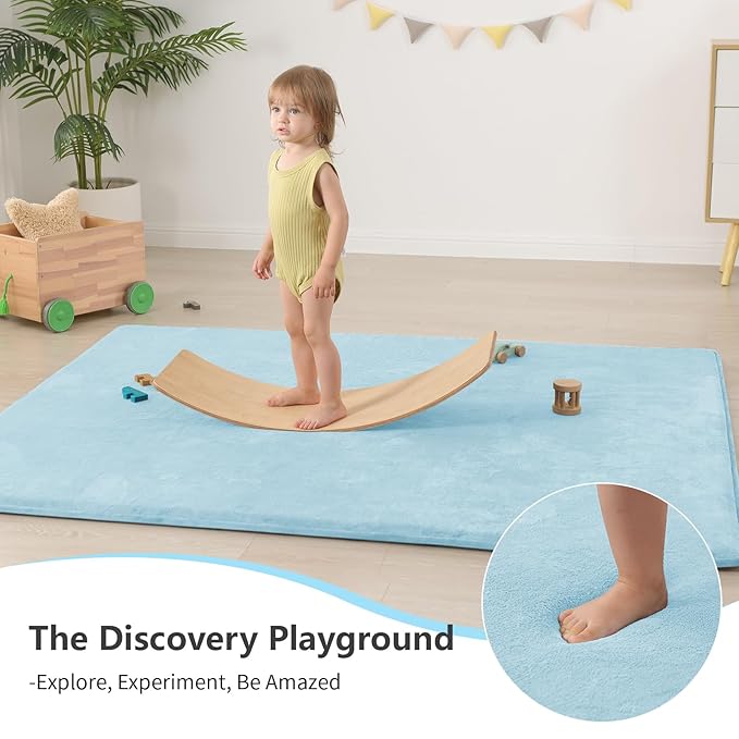 Baby Play Mat for Floor,1.3" Thick Elasti-Foam 50"×74" Playpen Mat for Tummy Time,Water Repellent Soft Coral Velvet for Toddler,Infant,Kids,Non-Slip Backing Safe for Crawling(Light Blue)