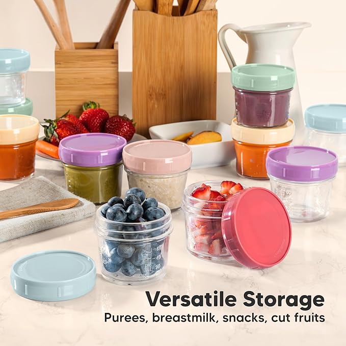 KeaBabies 4pk 8oz Glass Baby Food Containers with Lids - Leak-Proof, Microwavable Small Glass Jars, Baby Purees & Toddler Snack Storage Containers, BPA-Free, Dishwasher & Freezer Safe (Nord)