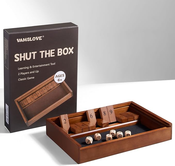 VAMSLOVE Shut The Box Dice Game Wooden Board Table Math Game for 2 Players and Up, 12 Numbers Close The Box with 6 Dice for Kids Adults Family (Instructions Included)
