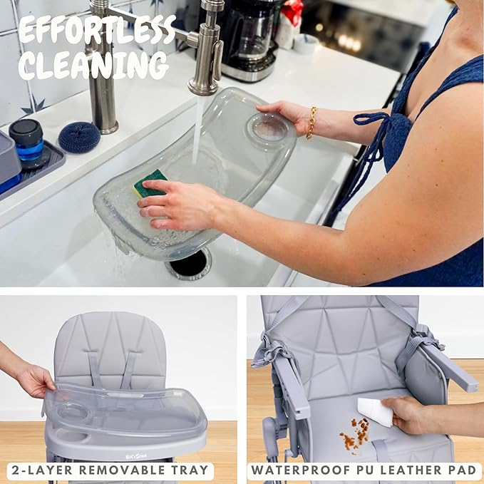 Foldable Baby High Chair with Easy Clean Double-Layer Tray, Adjustable Foot Rest, Safety First 5 Point Harness, Compact Space Saver Baby Feeding Chair Portable for Travel