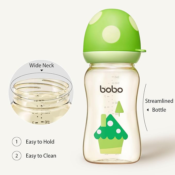 YOHKOH PPSU Baby Bottle Wide Neck, Newborn Anti-Colic Baby Bottle with Natural Response Nipple, Streamlined Body, Easy to Clean (8.8oz (Pack of 2), Green)