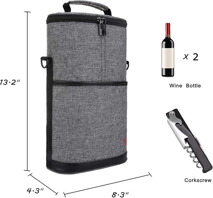 ALLCAMP 2 Bottle Wine Tote Carrier - Insulated Portable Padded Canvas Wine Bag for Travel, BYOB Restaurant, Wine Tasting, Party, Great Christmas Day Gift for Wine Lover，Gray