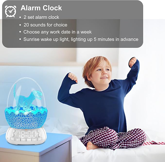 Dinosaur Alarm Clock with Wake Up Light, Digital Clock on Desk + 8 Colors Night Light + 20 Sleep Training Sound + Bluetooth Speaker All in 1 for Kids/Boys/Girls/Adult (Dinosaur)