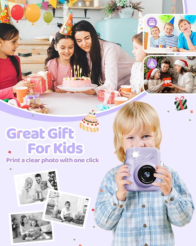 Kids Camera Instant Print for Girls Ages 3-14, 3-inch HD Screen Camera for Kids with Printing Paper, 1080P Digital Toddler Toys for 4 5 6 7 8 9 10 11 12 Years Old (Purple)