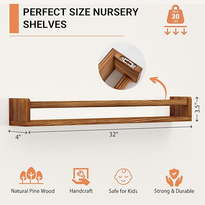 Heimlove Nursery Floating Shelves - 32 inch Solid Wood Wall Mounted Book Shelves for Kids, Set of 3