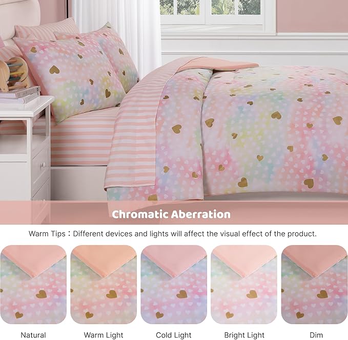 Twin Comforter Set with Sheets for Girls-5 Pieces Twin Bedding Sets with Pink Comforter, Sheets, Pillowcase & Sham for Kids (Colorful Gold Heart, 66" X 86")