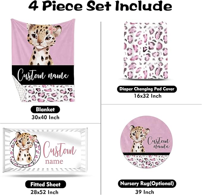Custom Nursery Crib Bedding Set: Personalized Name 4 Piece Pink Leopard Elephant Design Baby Crib Sets for Girls - Toddler Double Layer Blanket Set, Comfortable Crib Bed Sheets for Baby Toddlers