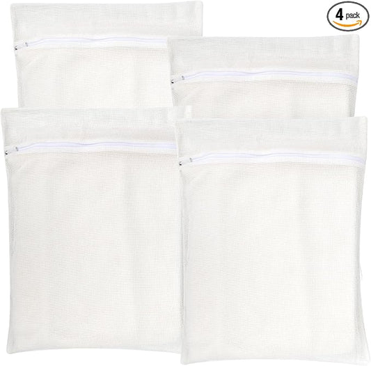 4-Piece White Large Durable Organic Cotton Mesh Laundry Bags with Sturdy Zippers and Breathable Mesh are Delicate Laundry Bags for Underwear, Clothes, Pants and Socks