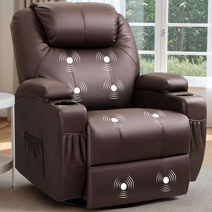 Recliner Chair, 360° Swivel Rocker Chair for Adults, Rocking Recliner Chair with Massage, Comfy Single Sofa with Side Pockets Cup Holders for Living Room, Bedroom, Nursery (Leather, Dark Brown)