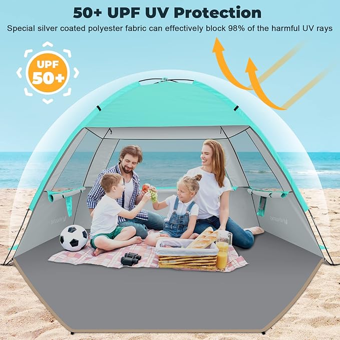 Venustas Beach Tent Sun Shelter for 3/4-5/6-7/8-10 Person, UPF 50+ UV Protection Beach Canopy, Lightweight and Easy Setup Cabana, Portable Shade Tent