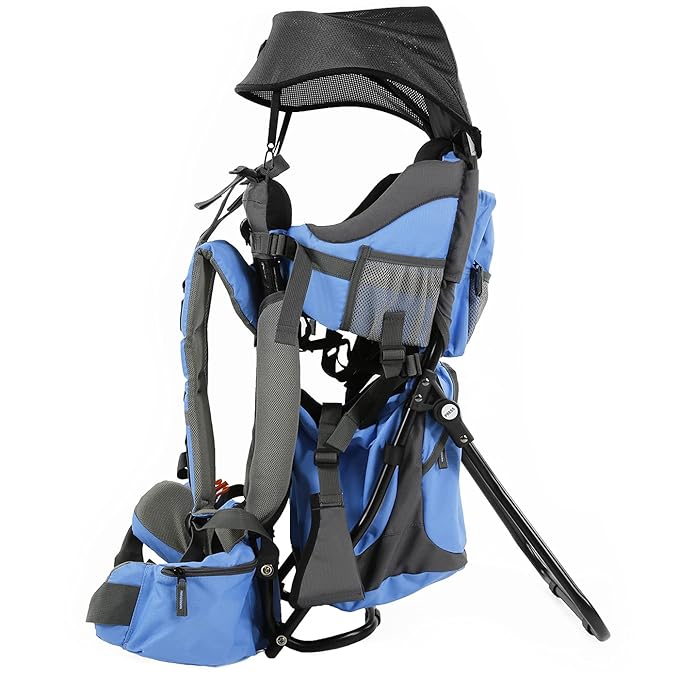ClevrPlus Canyonero Camping Baby Backpack Hiking Kid Toddler Child Carrier with Stand and Sun Shade Visor, Blue