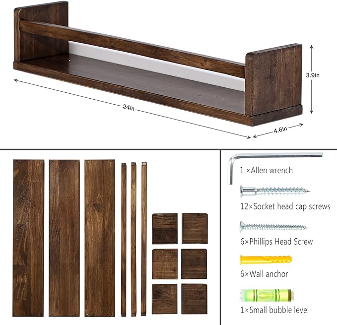 AZSKY Nursery Book Shelves 24 in Set of 3 Walnut Floating Bookshelf for Kids Room Wall Mounted Floating Shelves Solid Nursery Bookshelf Perfect Decor for Kitchen Bedroom Living Room