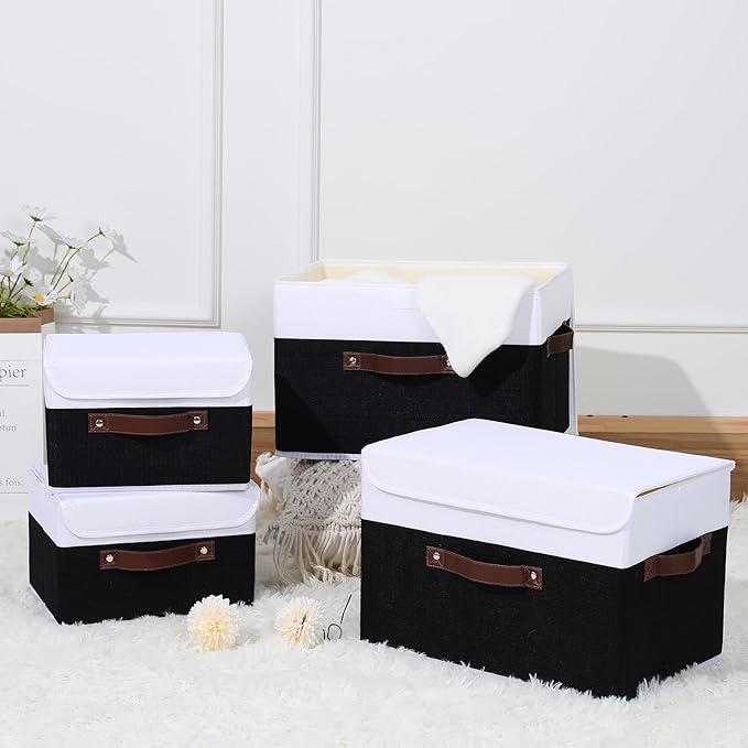 ANMINY Storage Boxes with Lids Washable Decorative Storage Bins Basket with PU Leather Handle Foldable Linen Fabric Storage Cubes Containers for Home Closet Organizer - Black White, Small Size