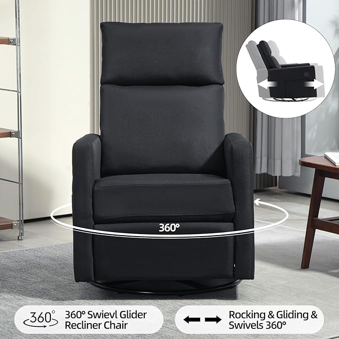 Swivel Rocker Recliner Chairs Set of 2, Upholstered Fabric Nursery Rocking Glider Chair with Adjustable Backrest and Footrest, Lay Flat Recliner Single Lazy Sofa for Living Room(Black)