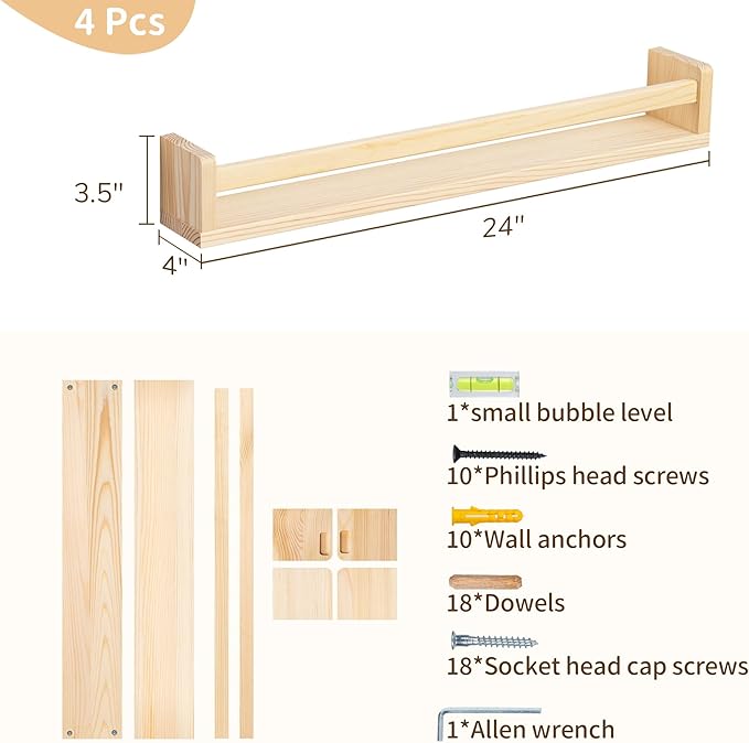 Fun Memories Nursery Book Shelves - Rustic Natural Solid Wood Floating Bookshelf for Kids - Wall Book Shelves for Kids Room (Natural, 24inch - 4P)