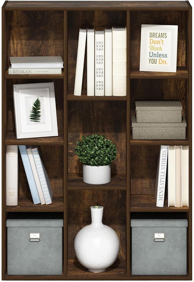 Furinno Luder 11-Cube Open Shelf Bookcase, Bookshelf, Amber Pine